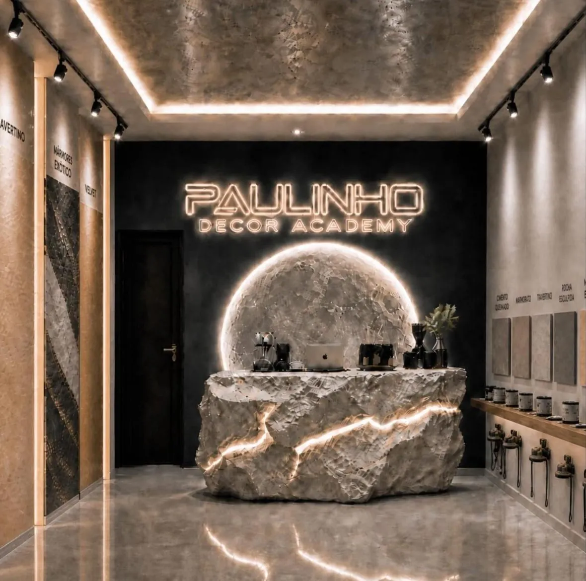 Imagem conceitual de divulgação da Paulinho Decor Academy, com letreiro, Lua e balcão de rocha